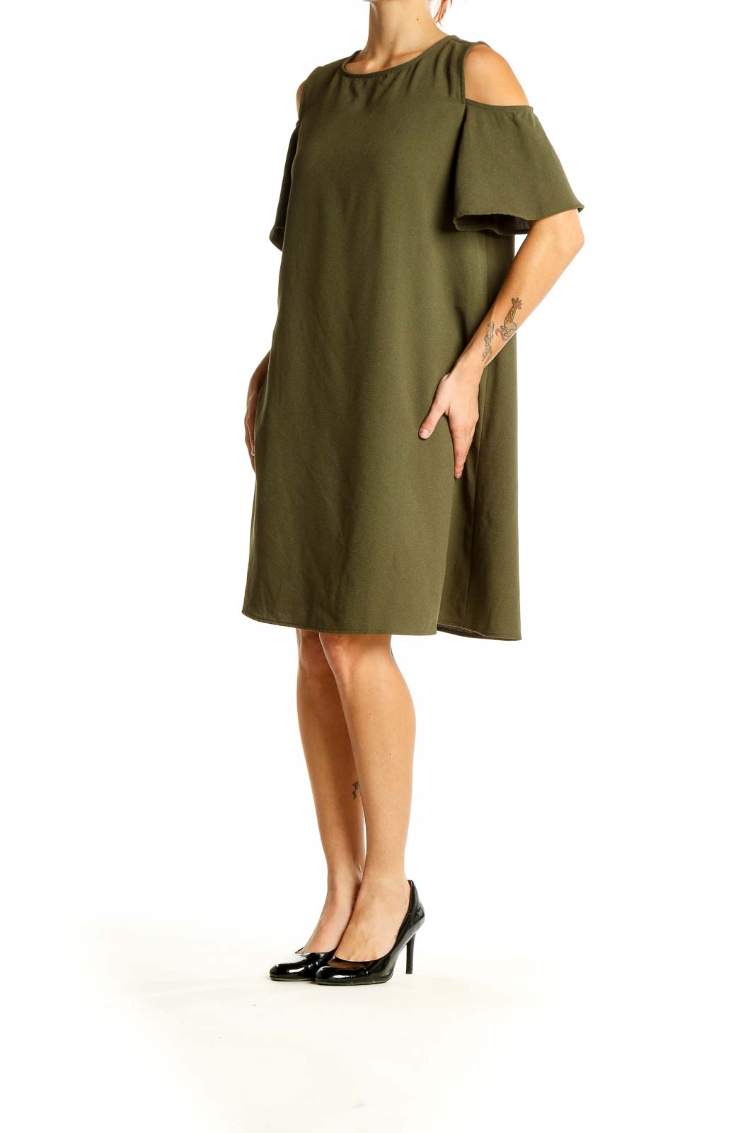 Front view of olive green Bobeau cold shoulder A-line dress