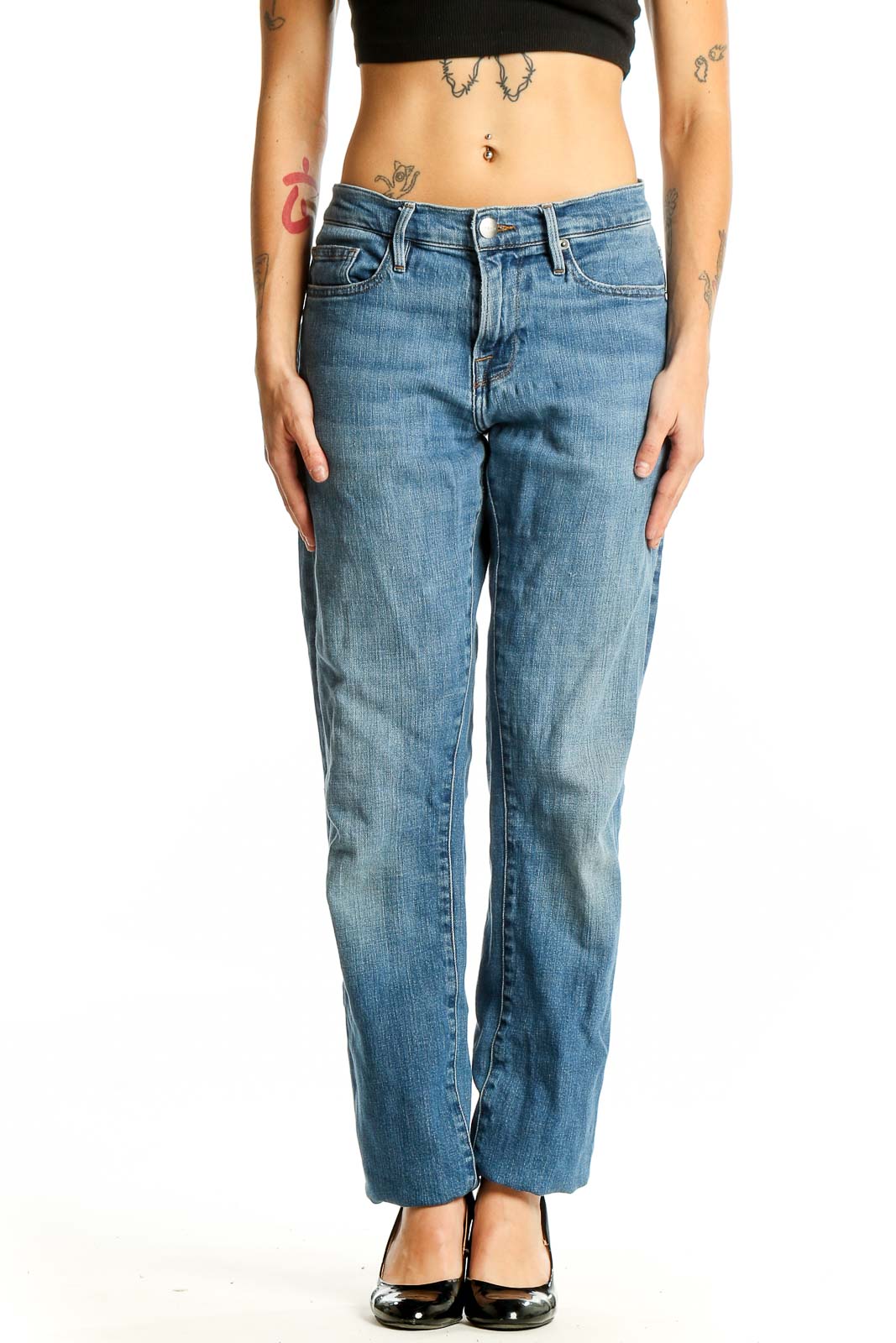 Front view of FRAME Denim blue straight leg jeans on model