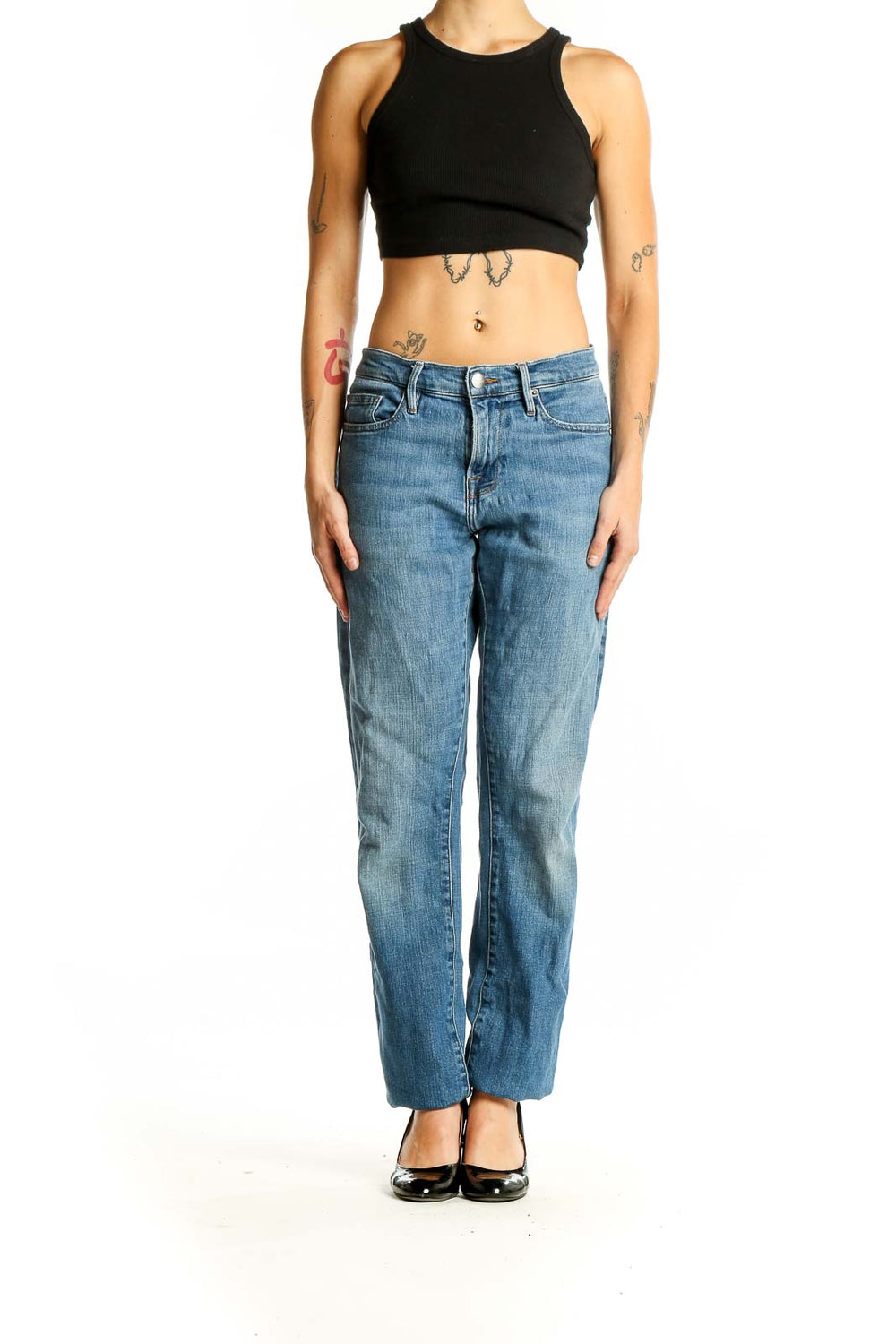 Front view of FRAME Denim blue straight leg jeans on model