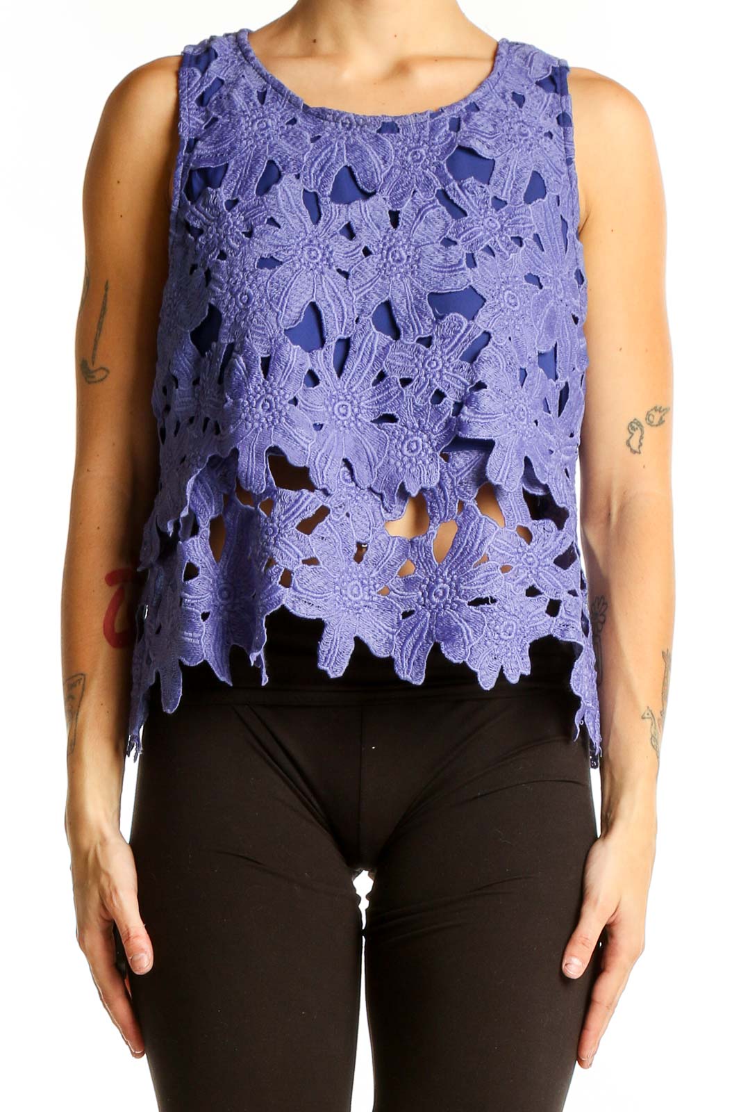 Front view of purple floral lace sleeveless top by Sugarlips