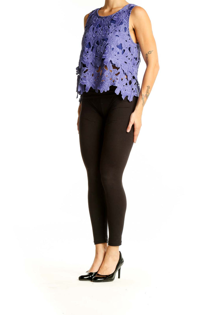 Front view of purple floral lace sleeveless top by Sugarlips