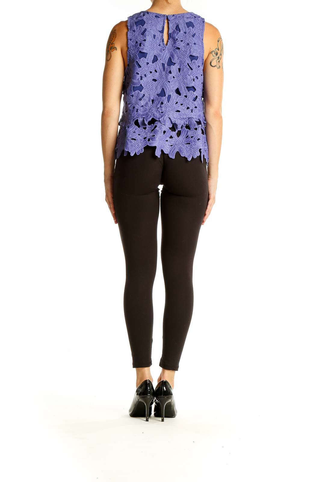 Back view of purple floral lace sleeveless top by Sugarlips