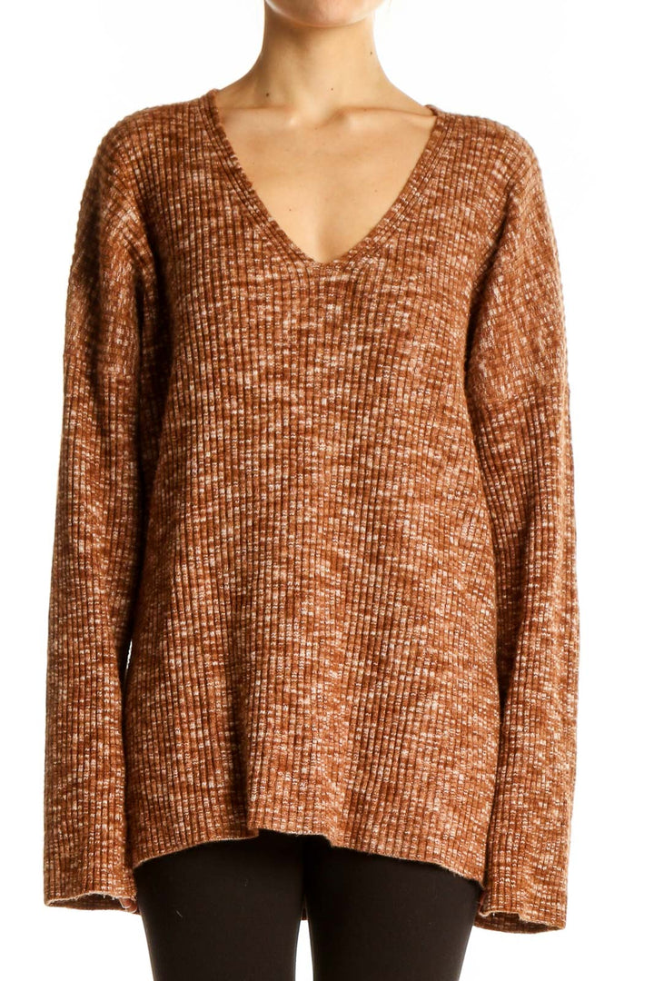 Front view of brown ribbed V-neck oversized sweater from Abercrombie & Fitch