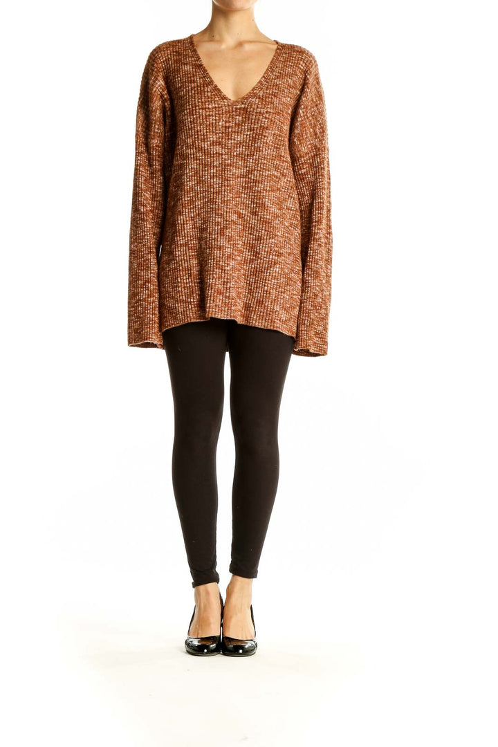 Front view of brown ribbed V-neck oversized sweater from Abercrombie & Fitch