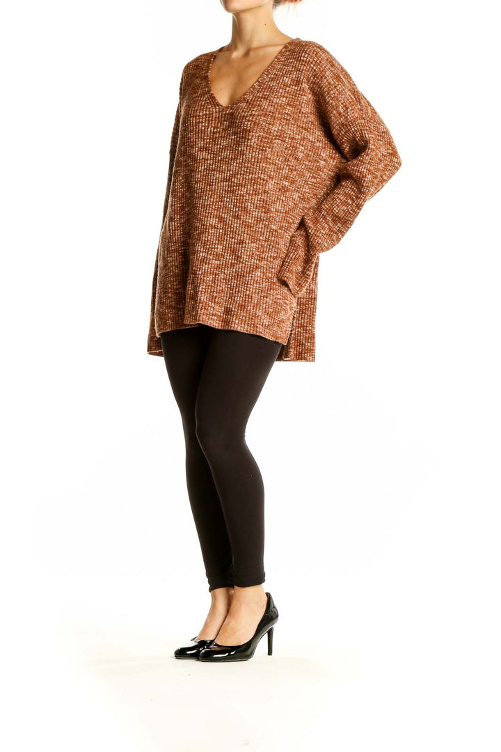 Front view of brown ribbed V-neck oversized sweater from Abercrombie & Fitch