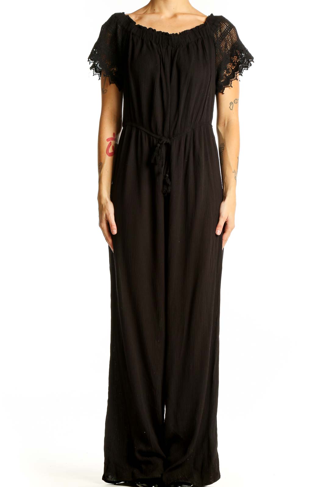 Front view of Blush black off-shoulder jumpsuit with lace trim