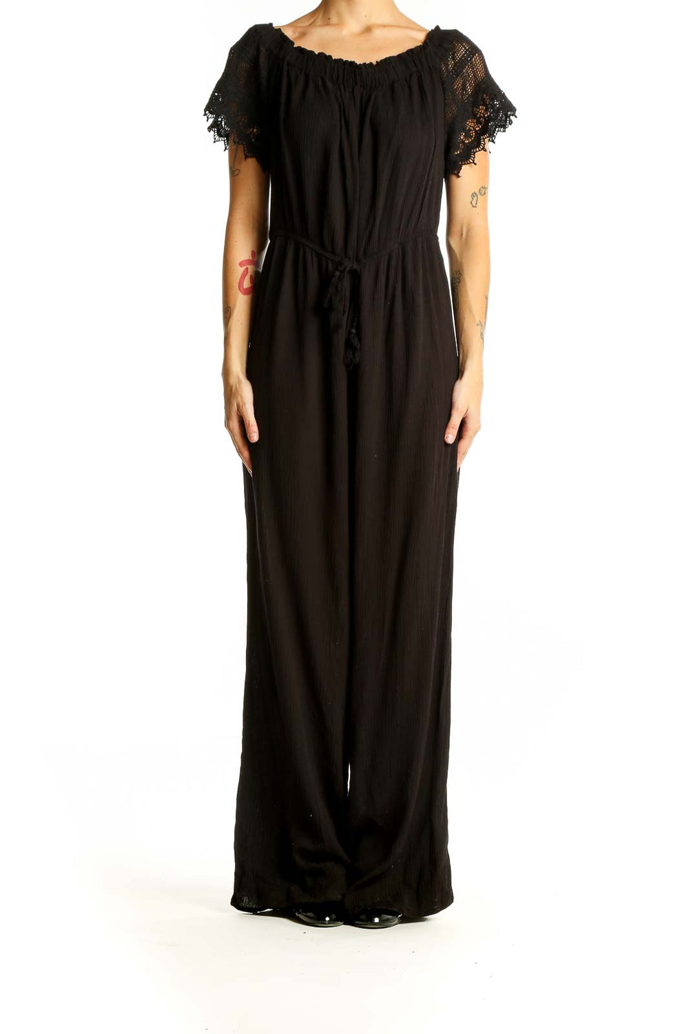 Front view of Blush black off-shoulder jumpsuit with lace trim