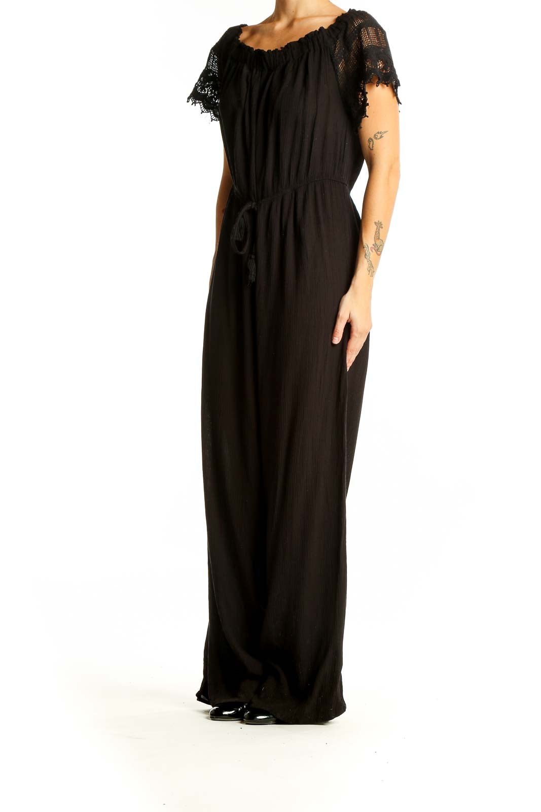 Front view of Blush black off-shoulder jumpsuit with lace trim