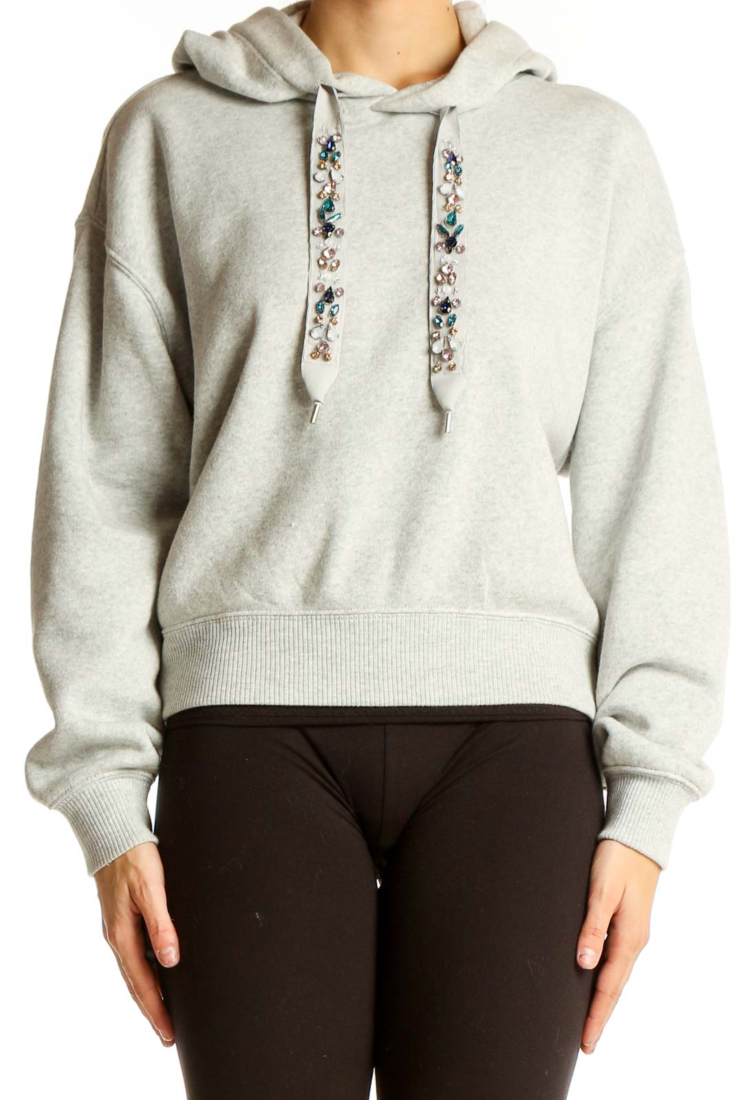 Front view of light gray Express cropped hoodie with embellished drawstrings