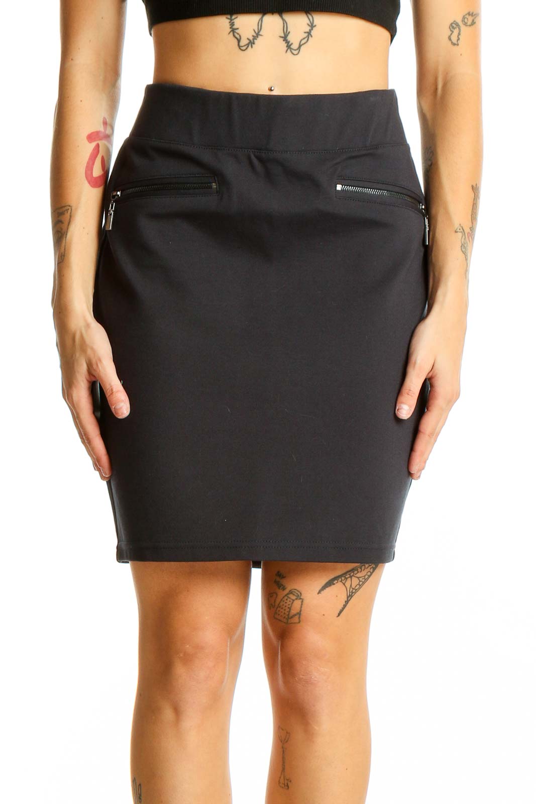 Front view of black pencil skirt with zipper pockets by Liverpool Jeans Company