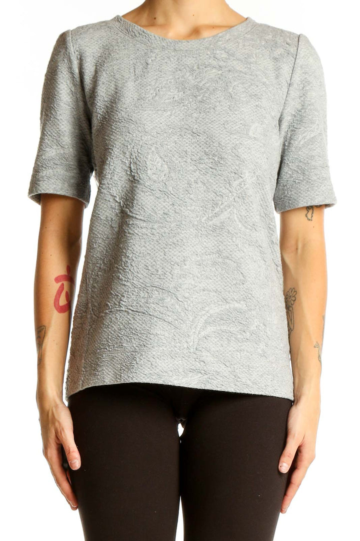 Front view of Ann Taylor LOFT gray textured short sleeve knit top