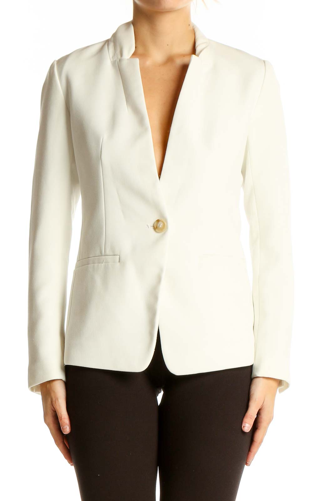 Front view of white Ann Taylor LOFT single-button blazer