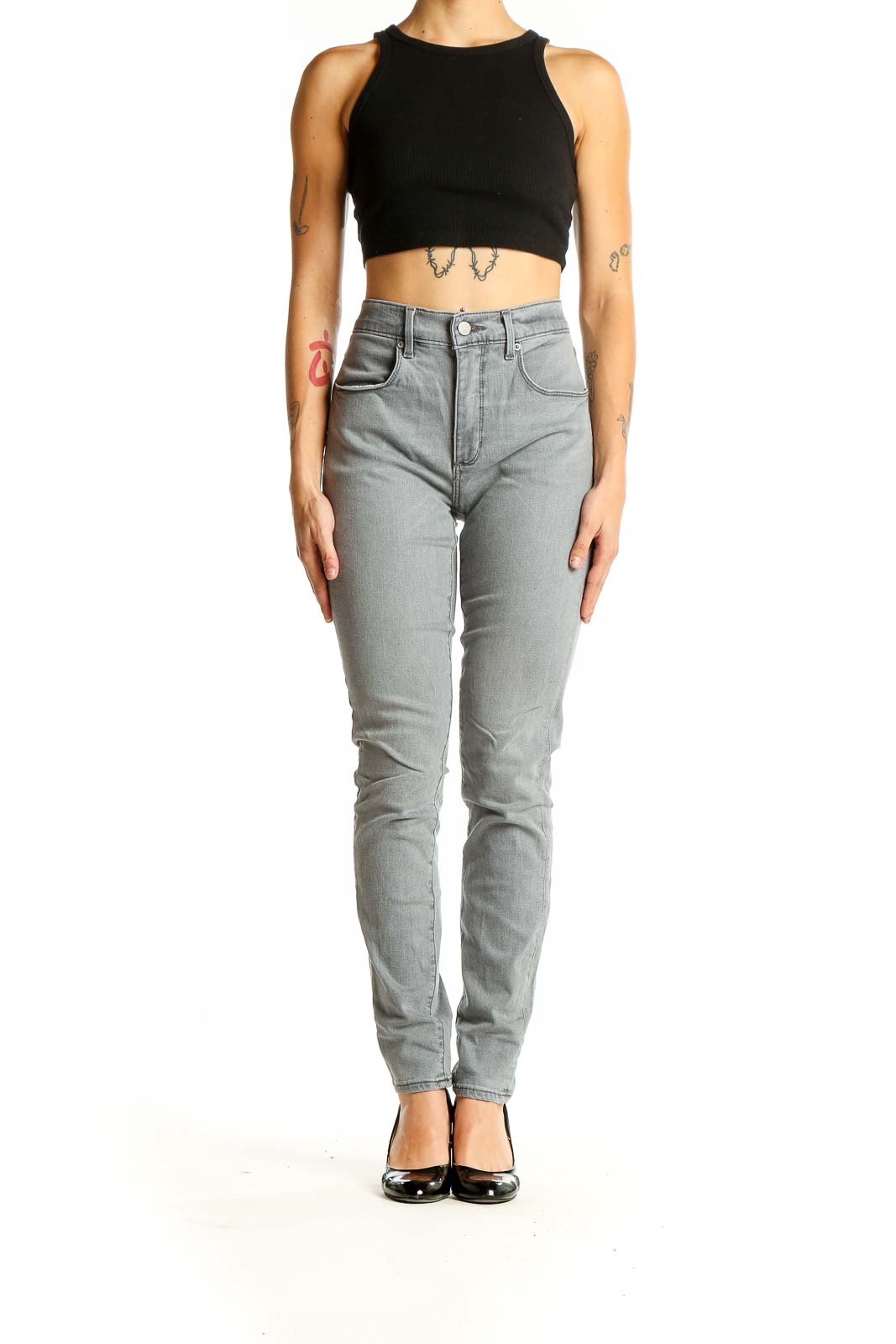 Front view of LOFT gray high-waisted skinny jeans on model