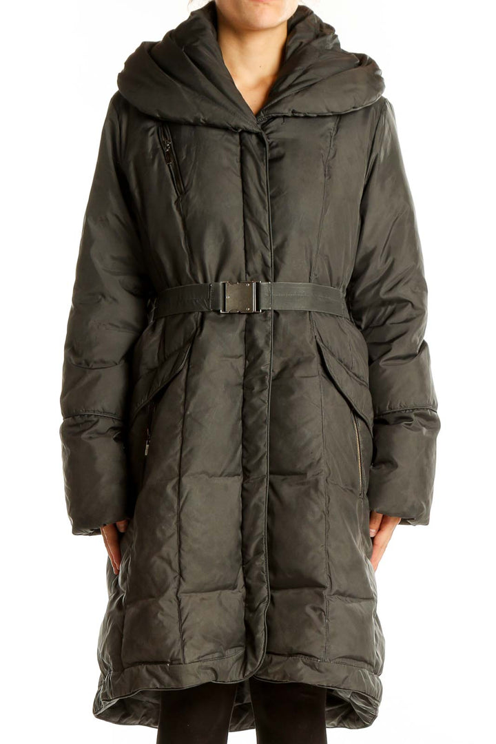 Front view of Cole Haan olive green belted down puffer coat with oversized hood