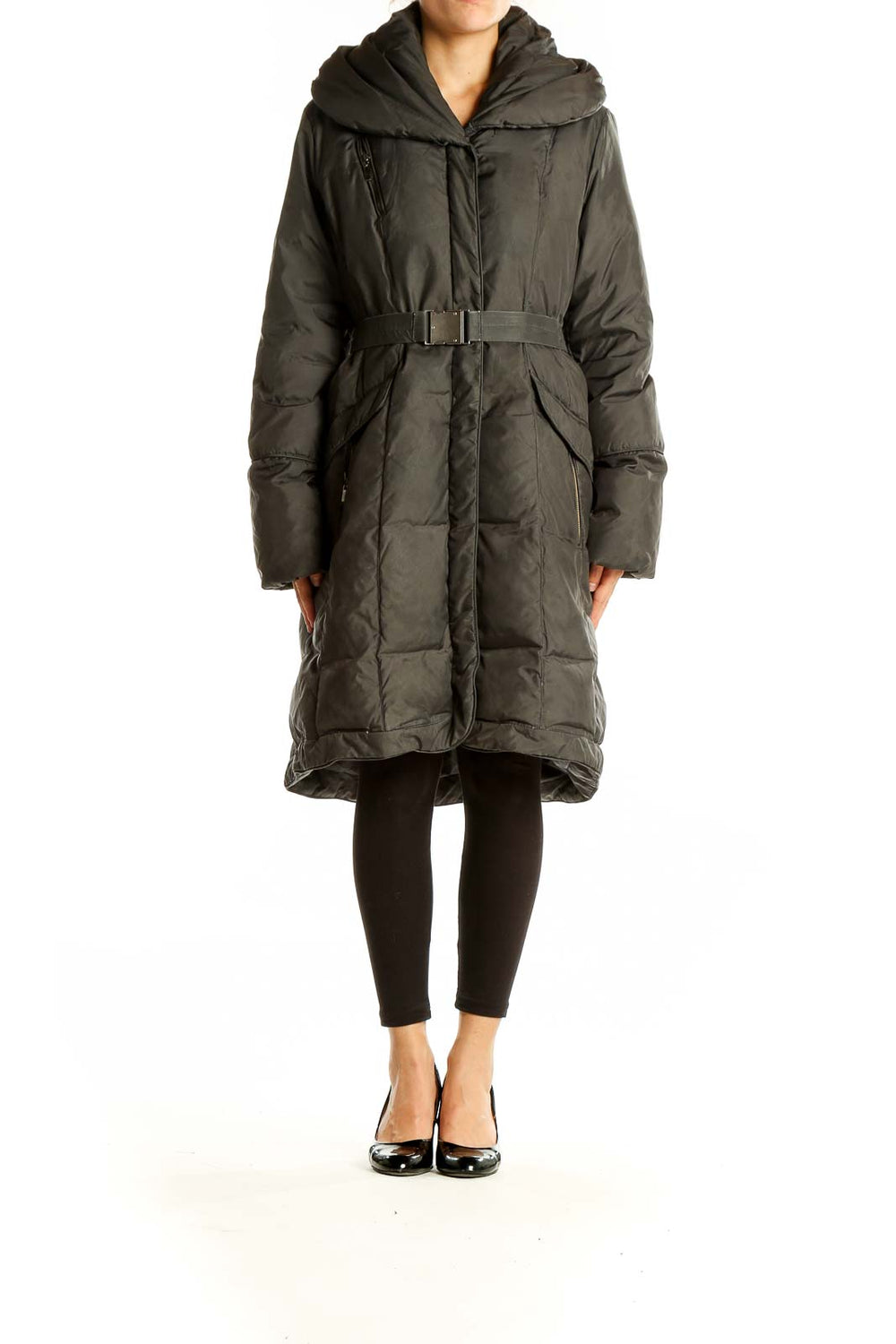 Front view of Cole Haan olive green belted down puffer coat with oversized hood