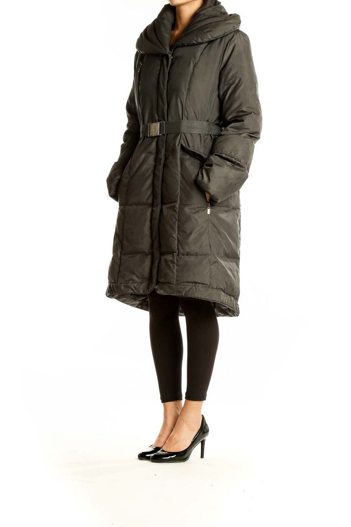 Front view of Cole Haan olive green belted down puffer coat with oversized hood