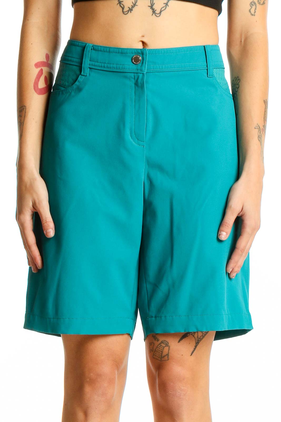 Front view of teal Louis Castel Bermuda activewear shorts