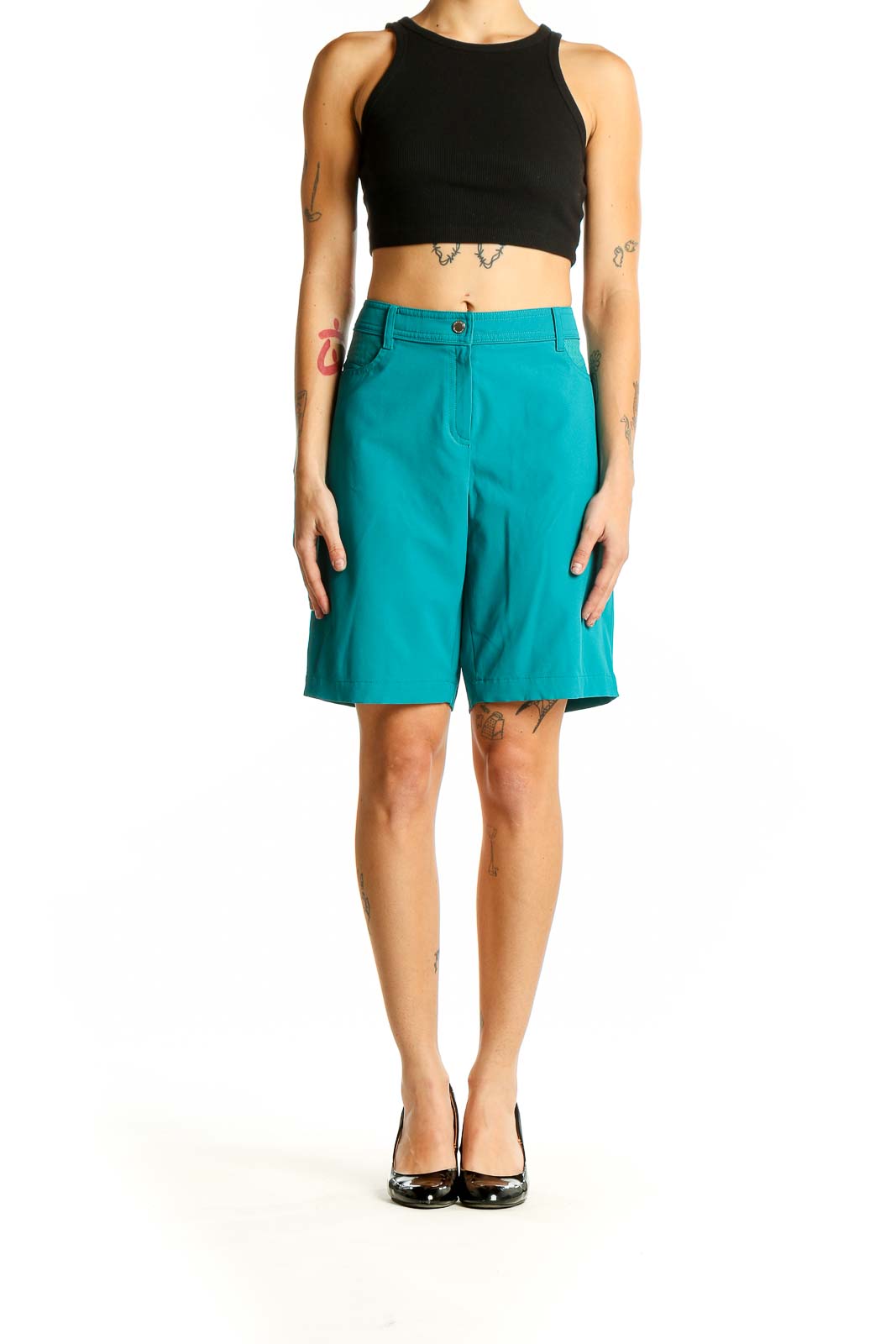 Front view of teal Louis Castel Bermuda activewear shorts