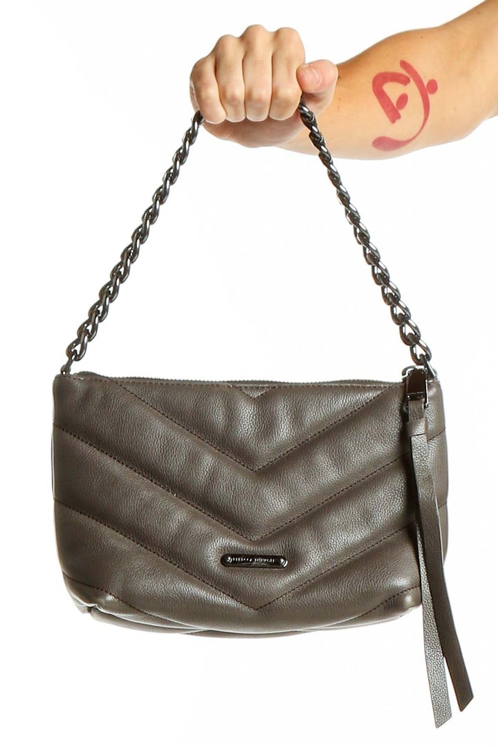 Front view of Rebecca Minkoff gray chevron quilted leather crossbody bag