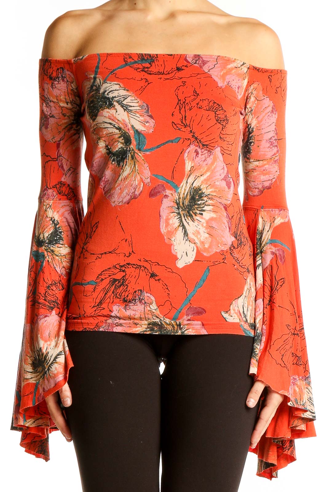 Front view of orange floral off-shoulder top with bell sleeves by WE THE FREE