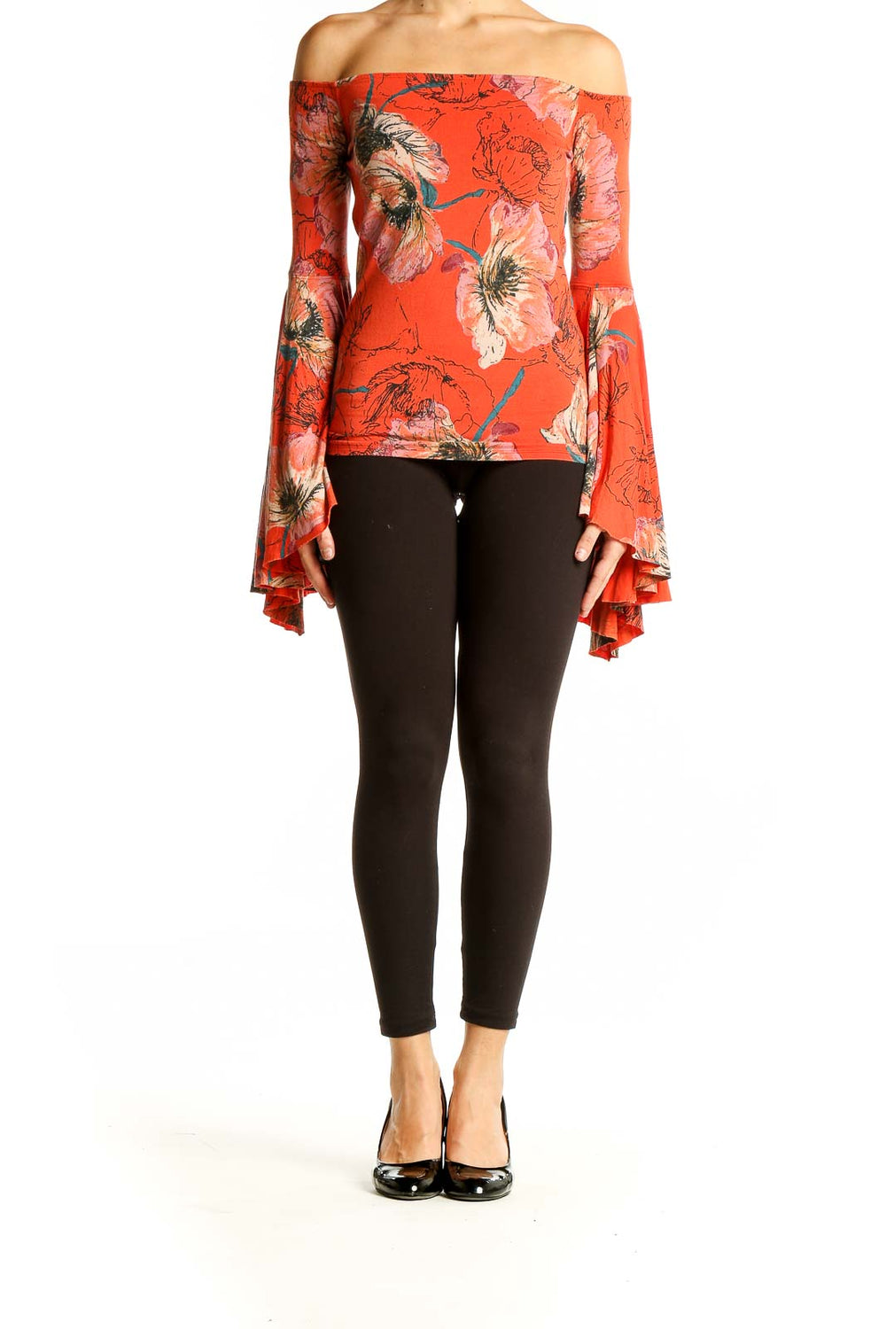 Front view of orange floral off-shoulder top with bell sleeves by WE THE FREE