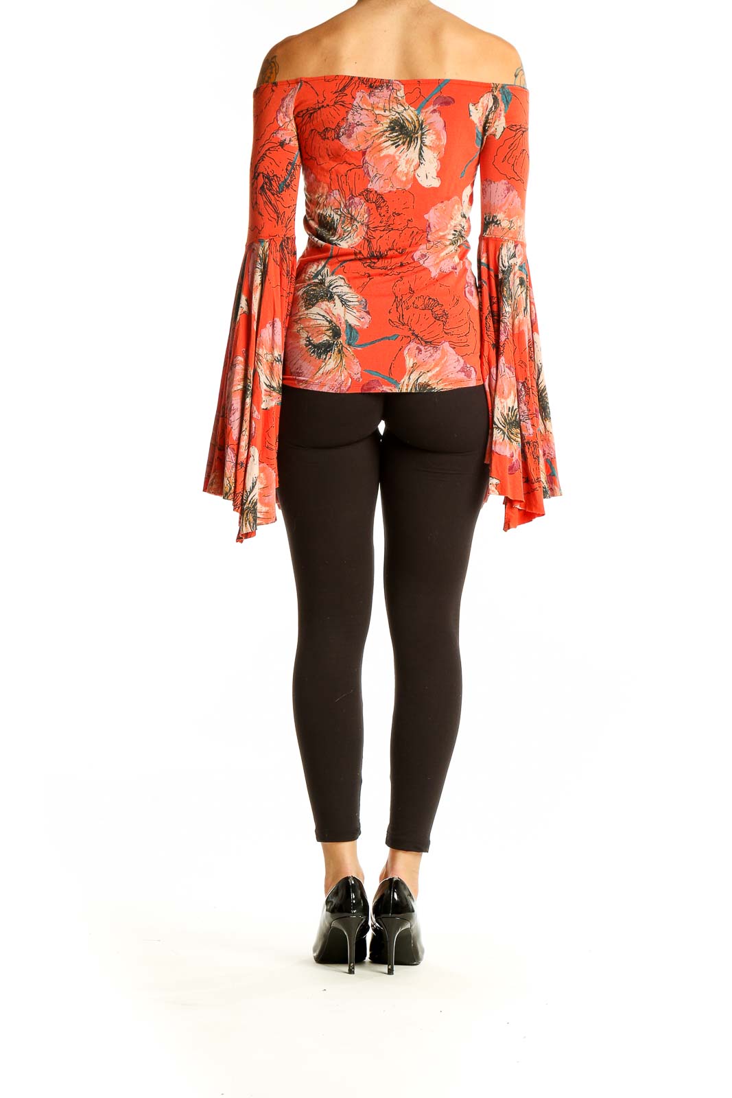 Back view of orange floral off-shoulder top with bell sleeves by WE THE FREE