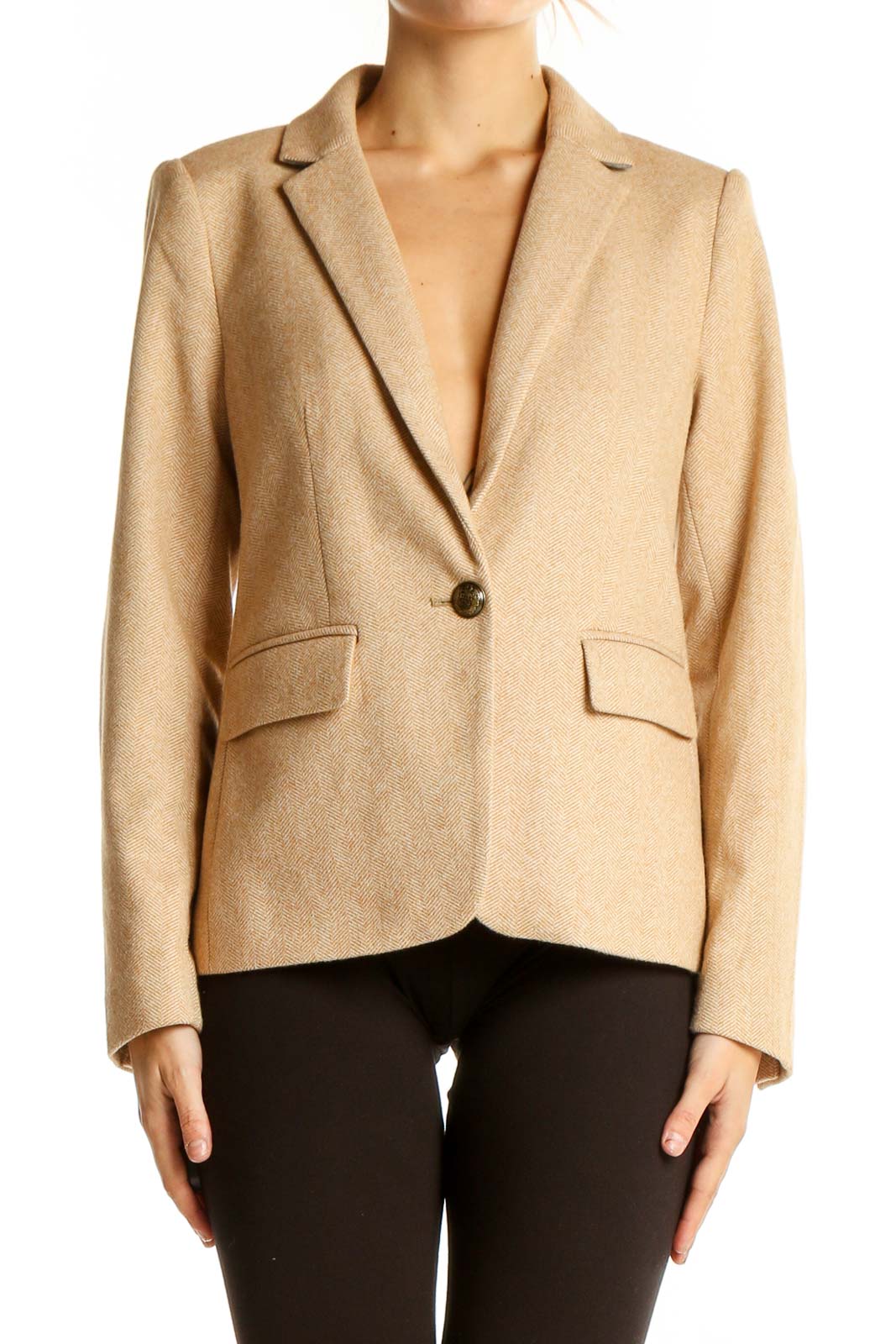 Front view of LOFT beige single-button blazer on model