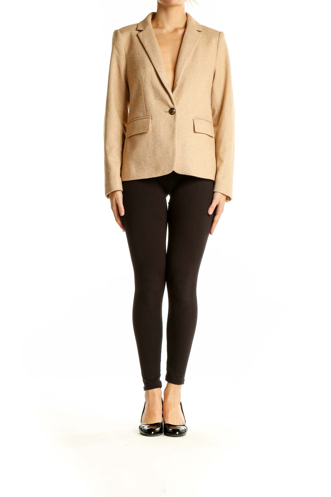 Front view of LOFT beige single-button blazer on model