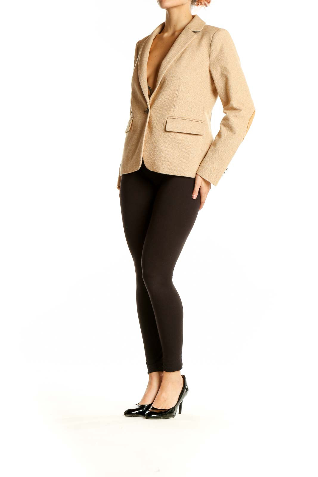 Front view of LOFT beige single-button blazer on model