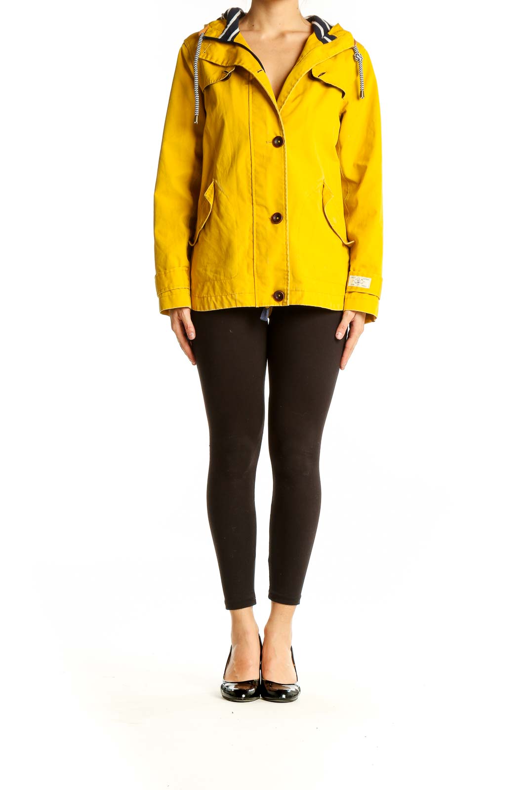 Front view of yellow Joules hooded coat with button closure