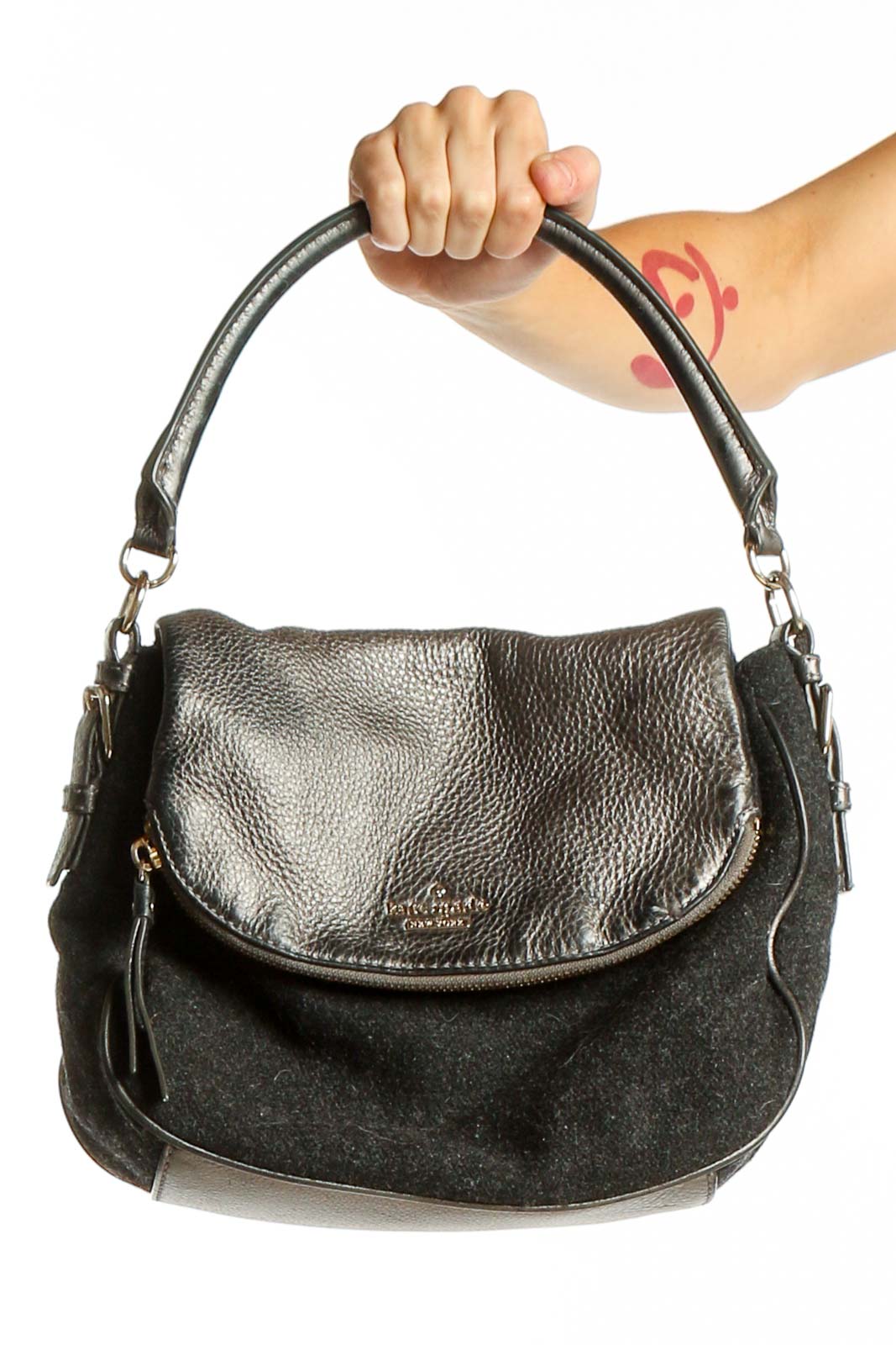 Front view of Kate Spade New York black and gray leather crossbody bag