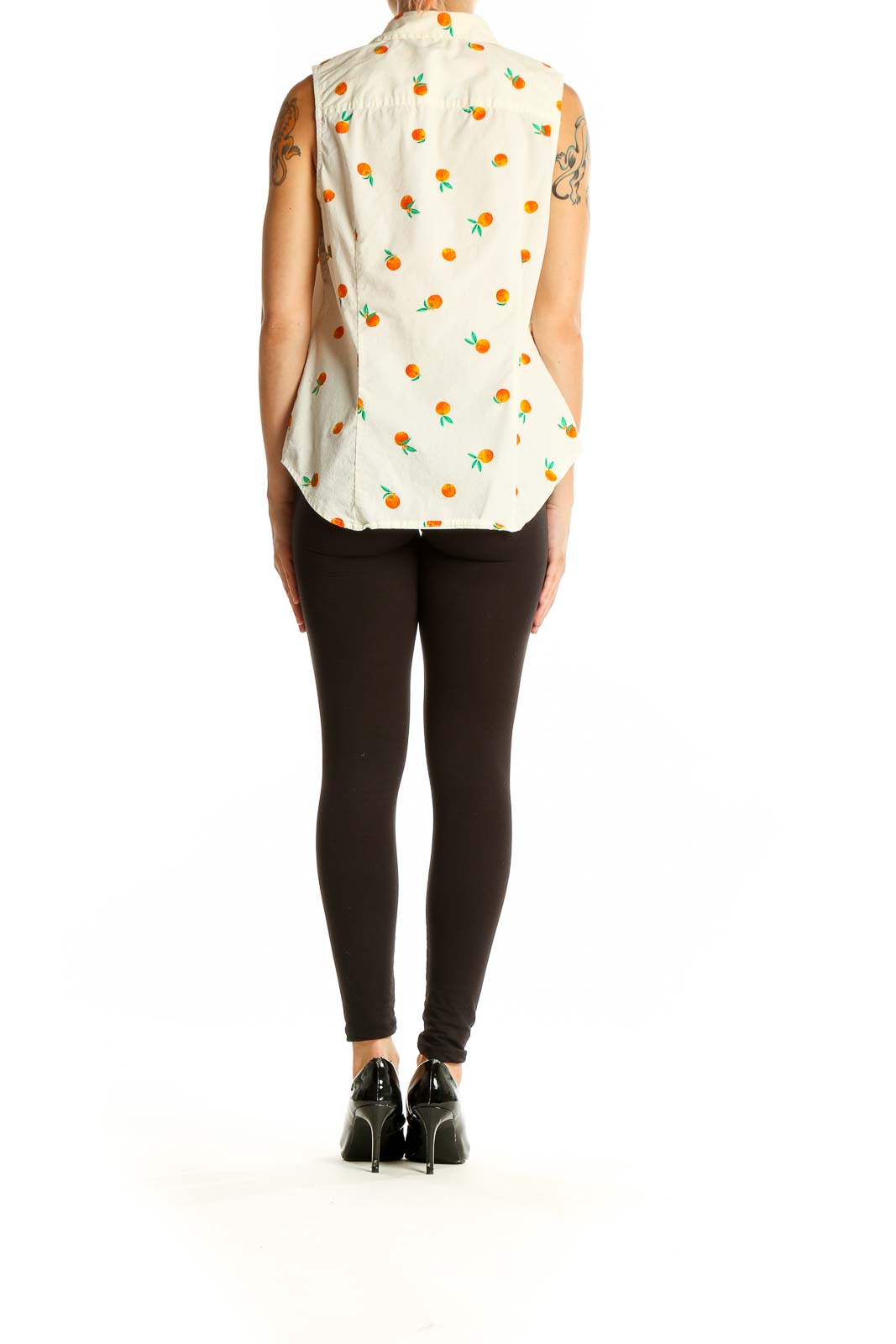 J.Crew White Sleeveless Button-Up Shirt with Orange Print