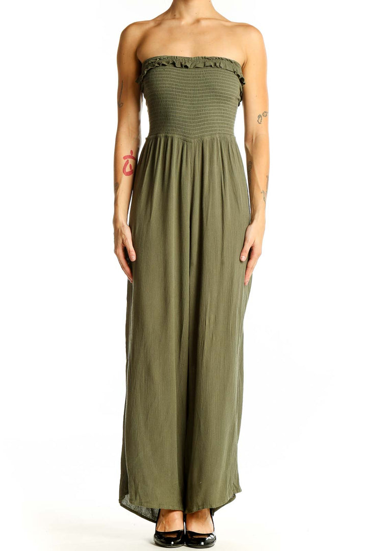 Front view of olive strapless maxi jumpsuit with smocked bodice