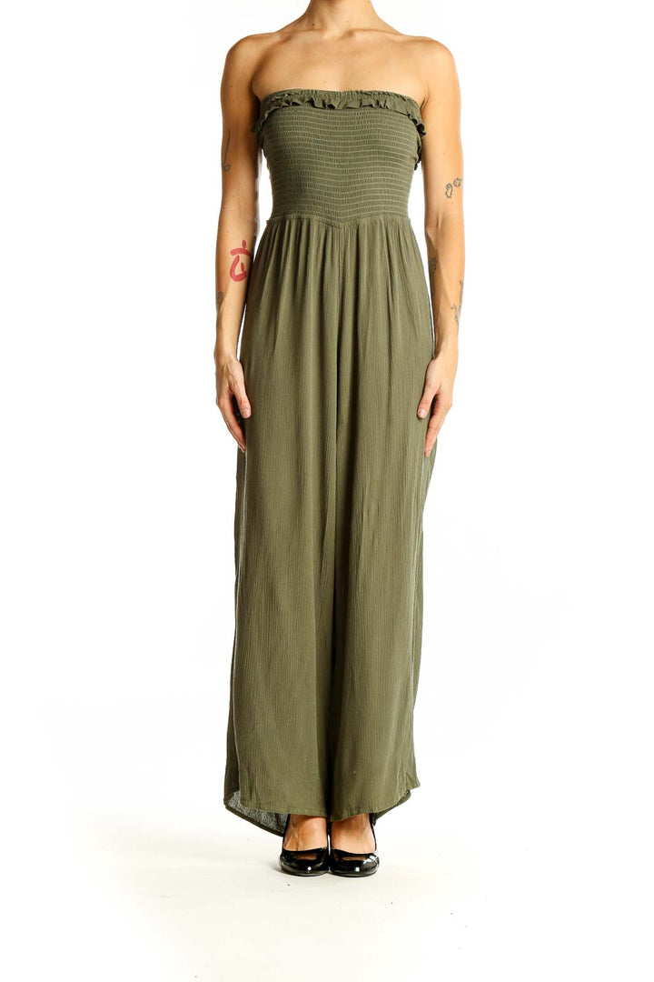 Front view of olive strapless maxi jumpsuit with smocked bodice