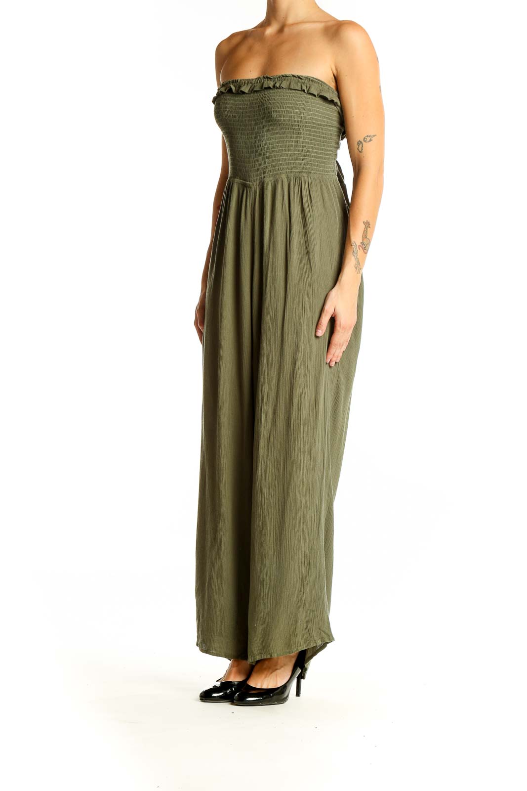 Front view of olive strapless maxi jumpsuit with smocked bodice