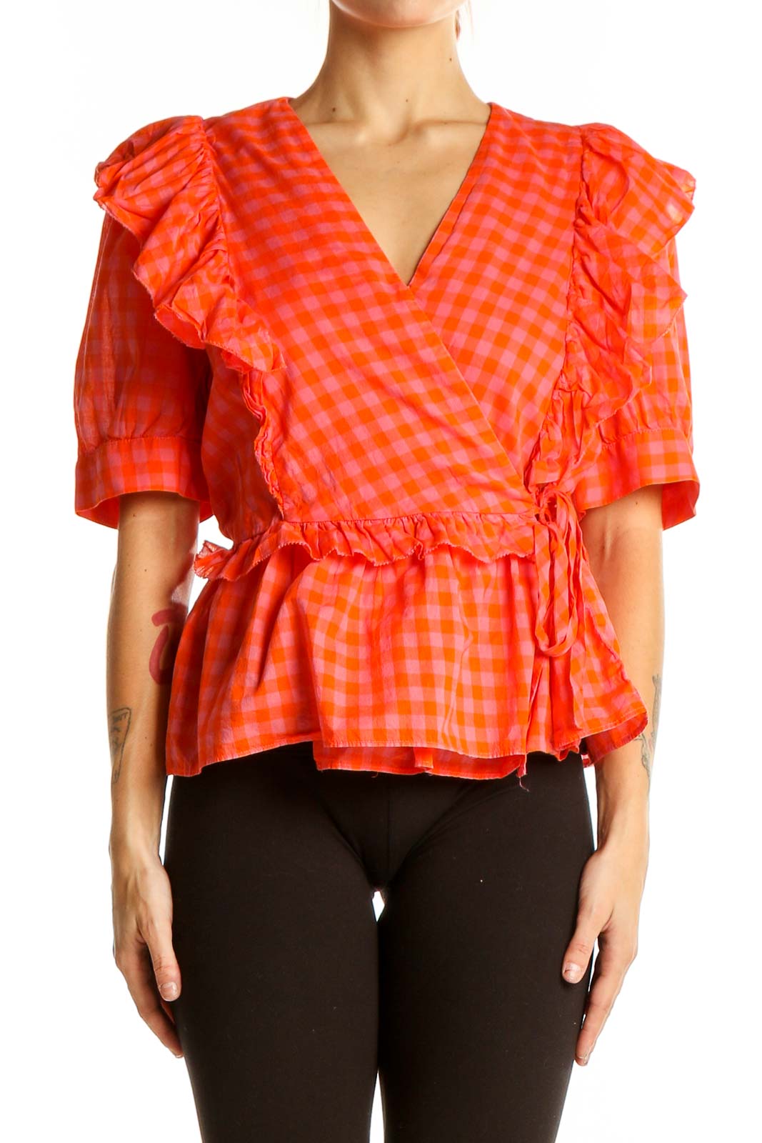 Front view of orange gingham ruffle wrap top from J.Crew