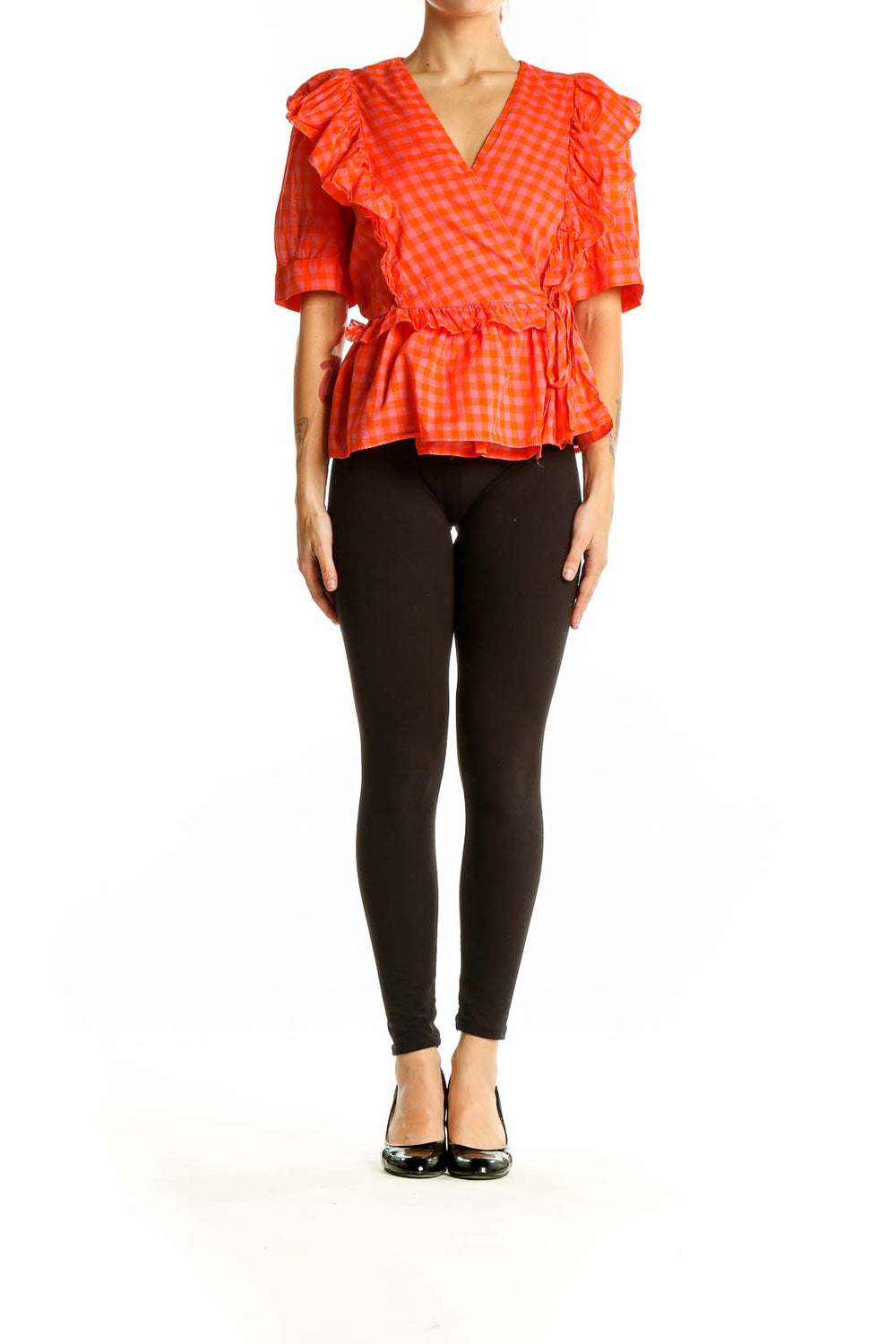 Front view of orange gingham ruffle wrap top from J.Crew