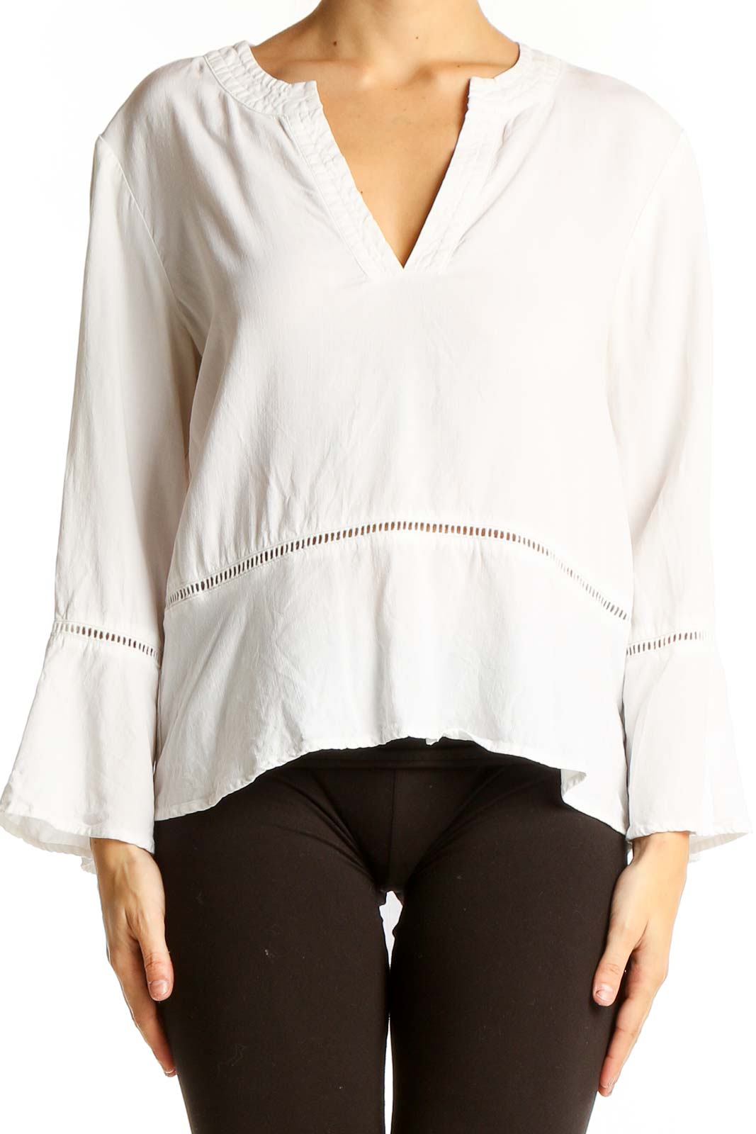 Front view of white Tencel Lyocell V-neck blouse with bell sleeves by cloth & stone