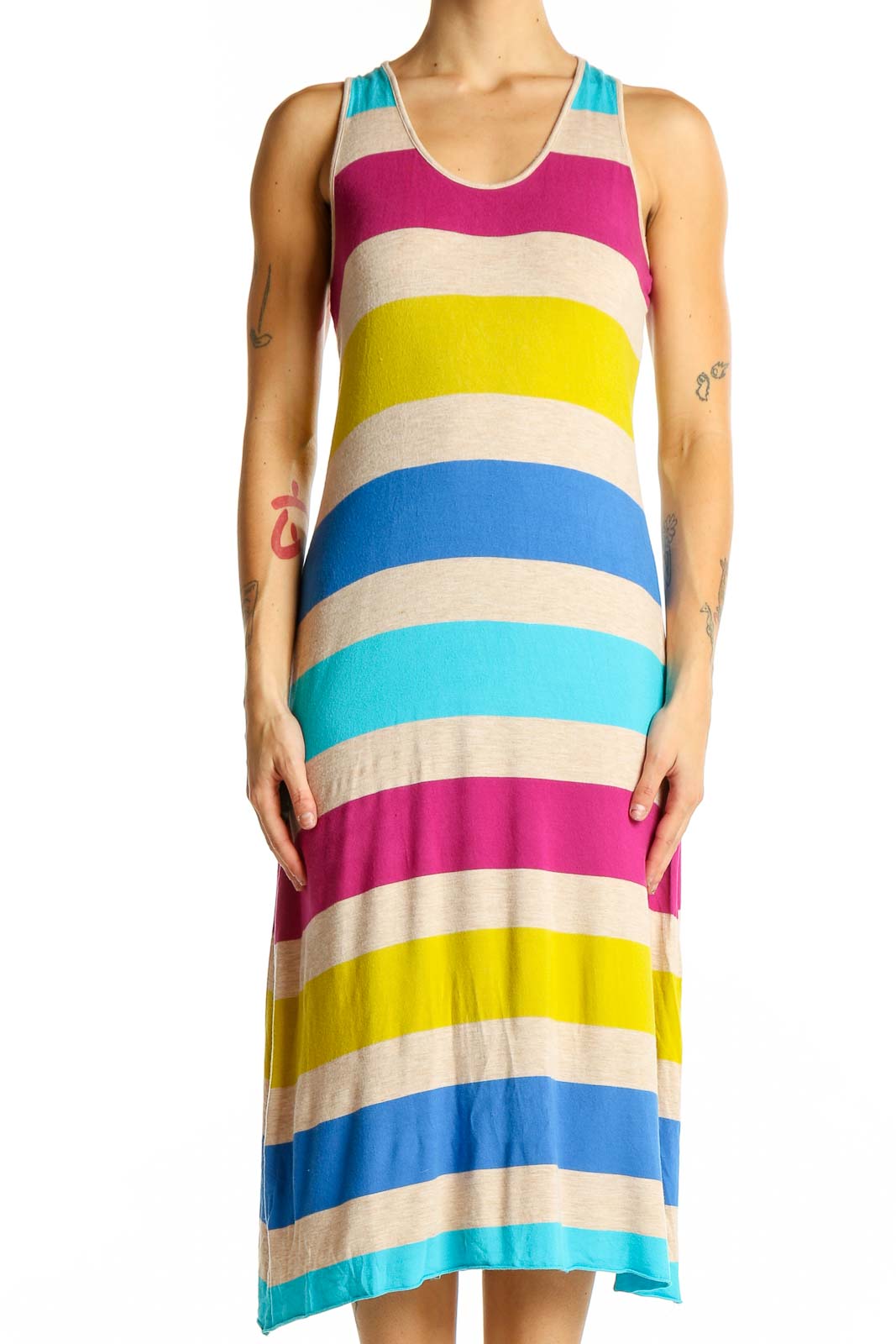 Front view of Calvin Klein multicolor striped sleeveless midi dress