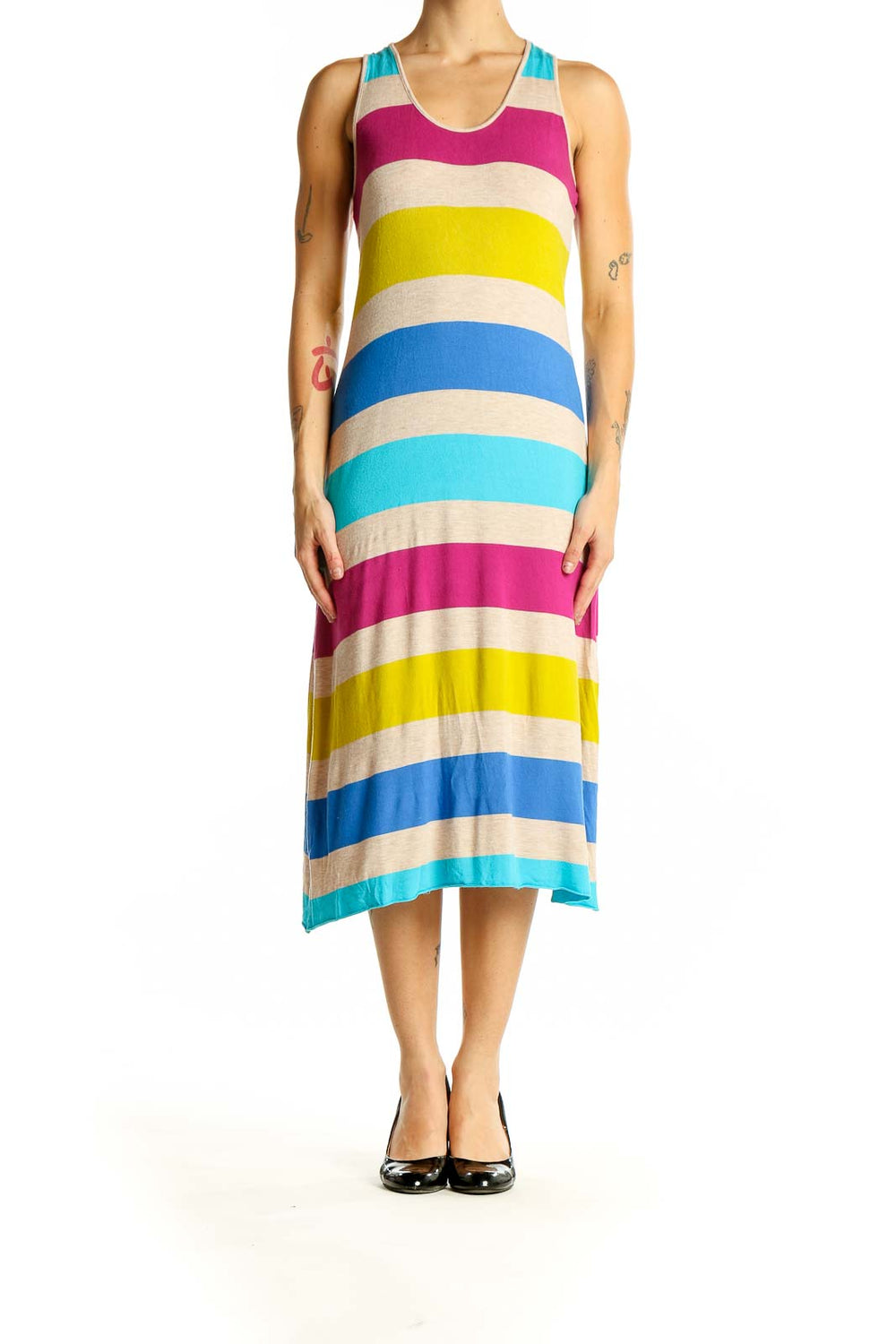 Front view of Calvin Klein multicolor striped sleeveless midi dress