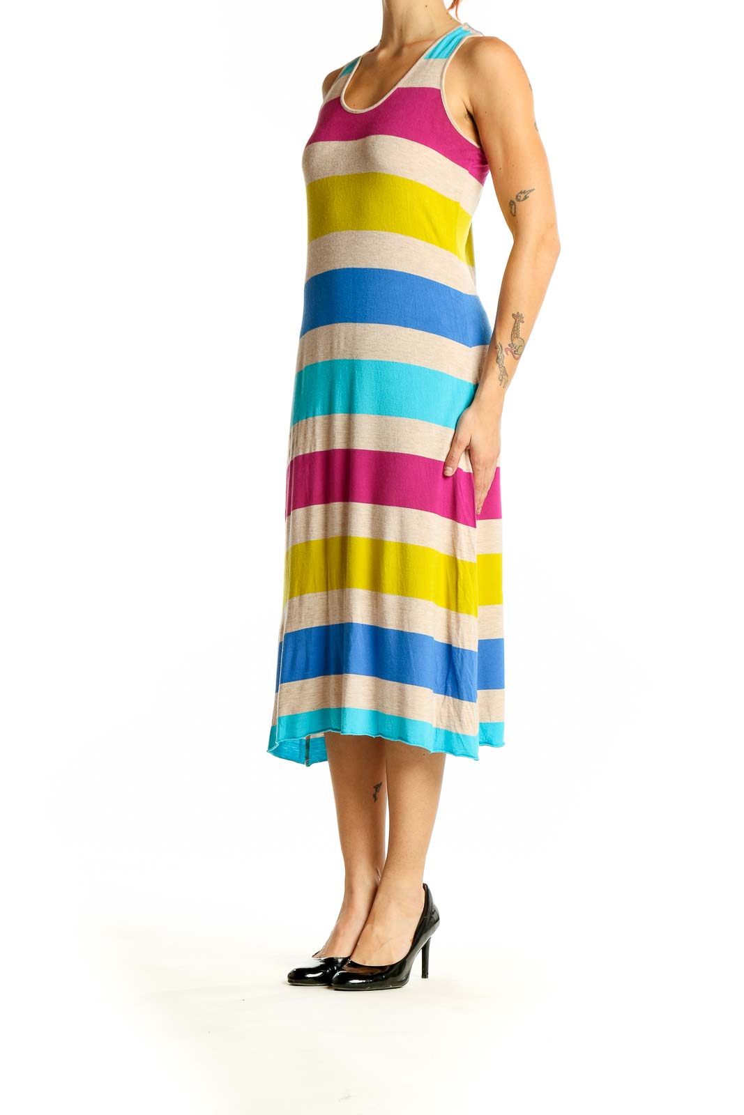 Front view of Calvin Klein multicolor striped sleeveless midi dress