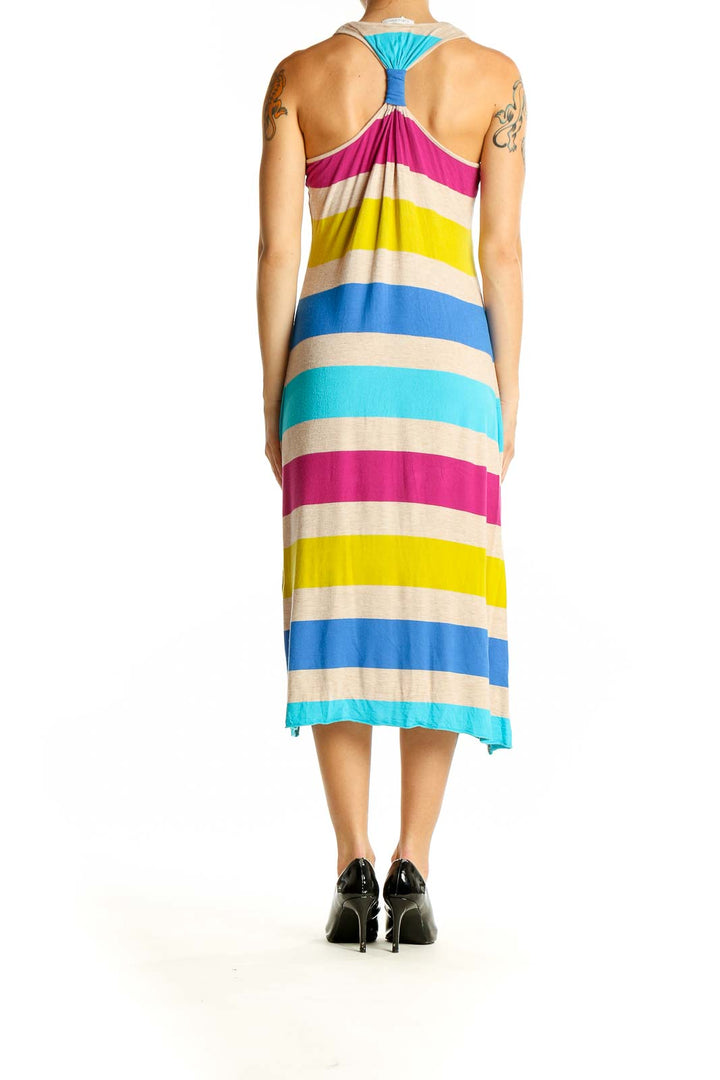 Back view of Calvin Klein multicolor striped sleeveless midi dress showing racerback design