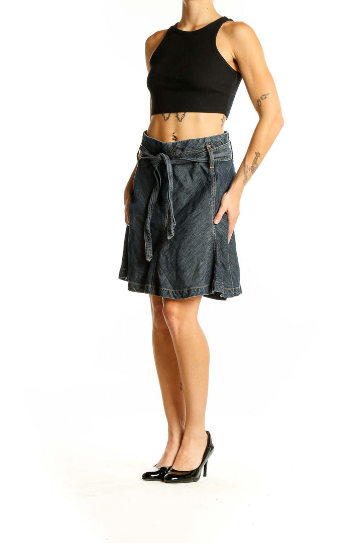 Front view of Banana Republic dark blue A-line skirt with tie-front detail