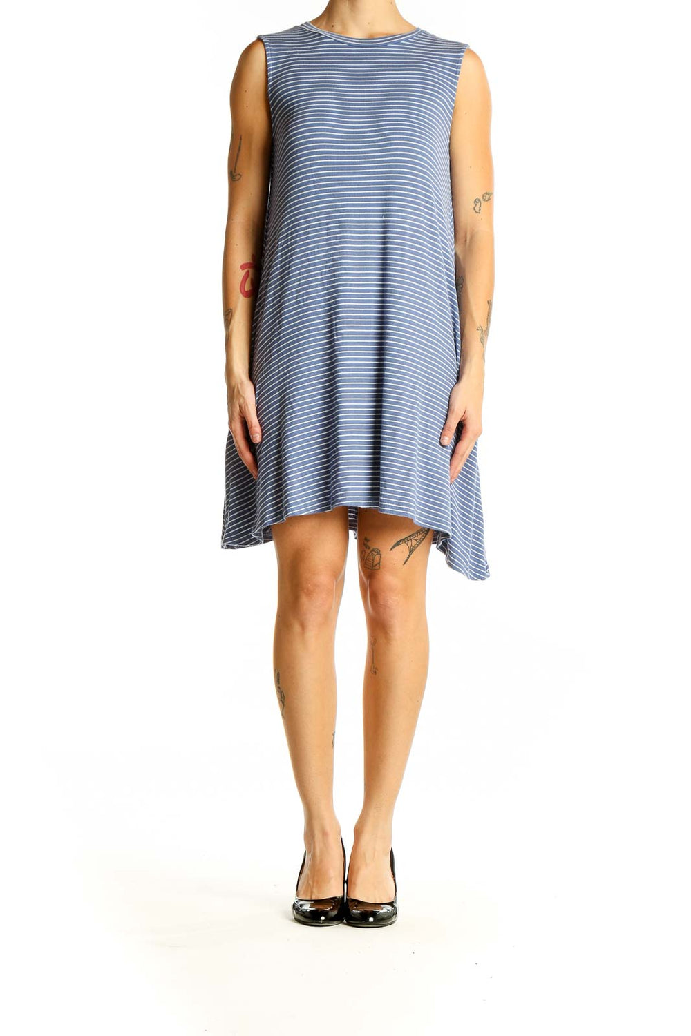 Front view of Body Glove blue striped sleeveless swing dress on model