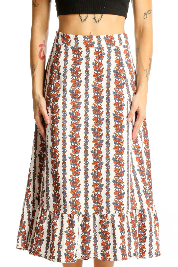 Front view of o.p.t. White Floral Striped Cotton Midi Skirt