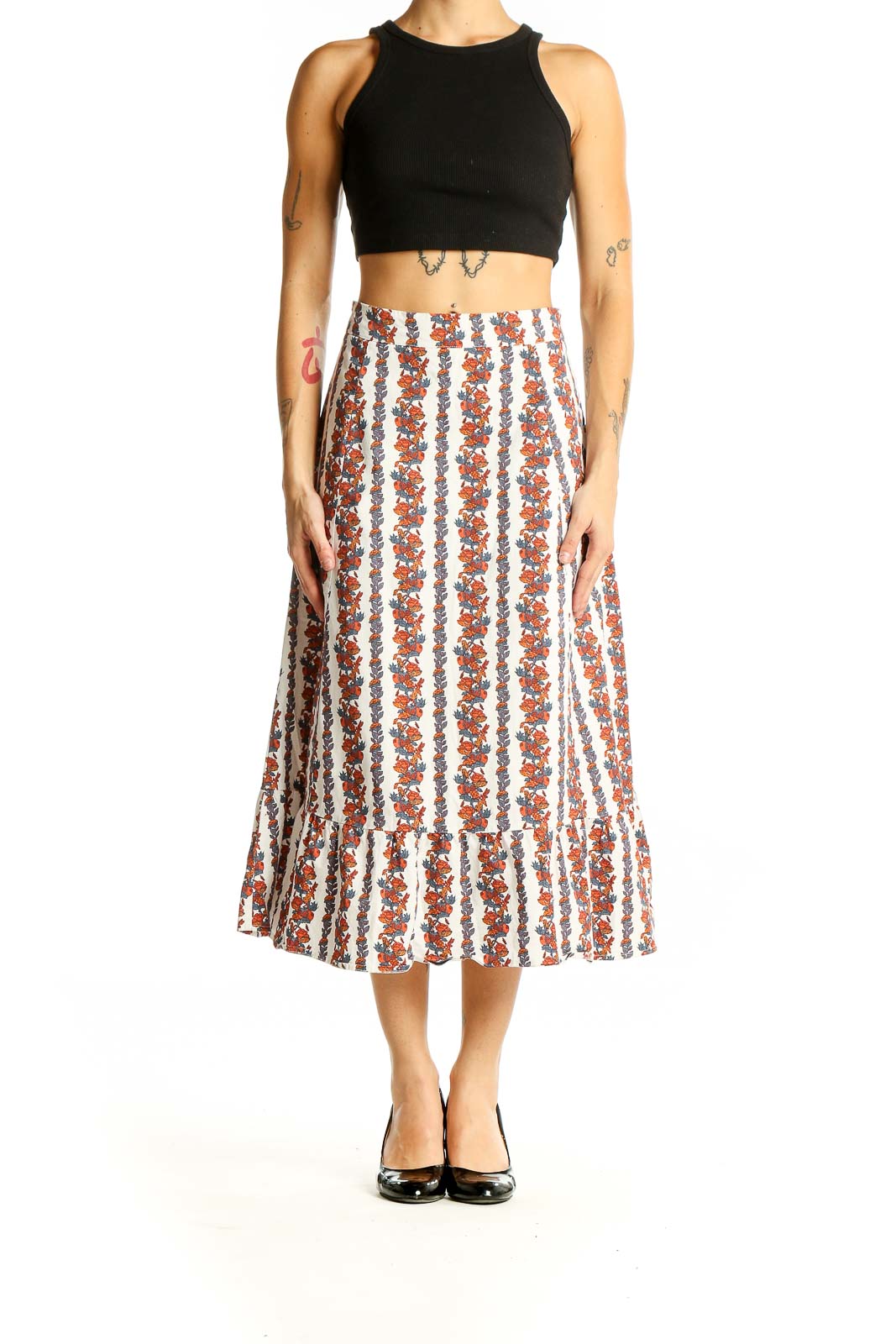 Front view of o.p.t. White Floral Striped Cotton Midi Skirt