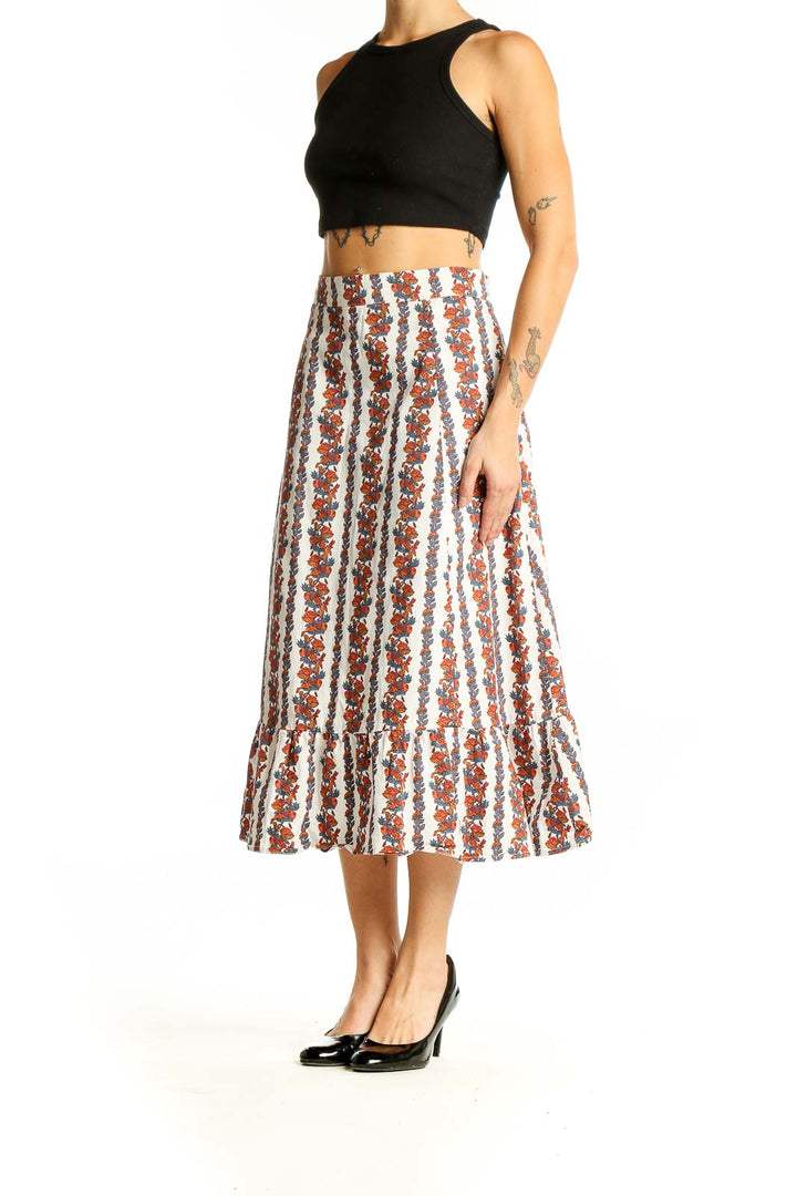 Front view of o.p.t. White Floral Striped Cotton Midi Skirt