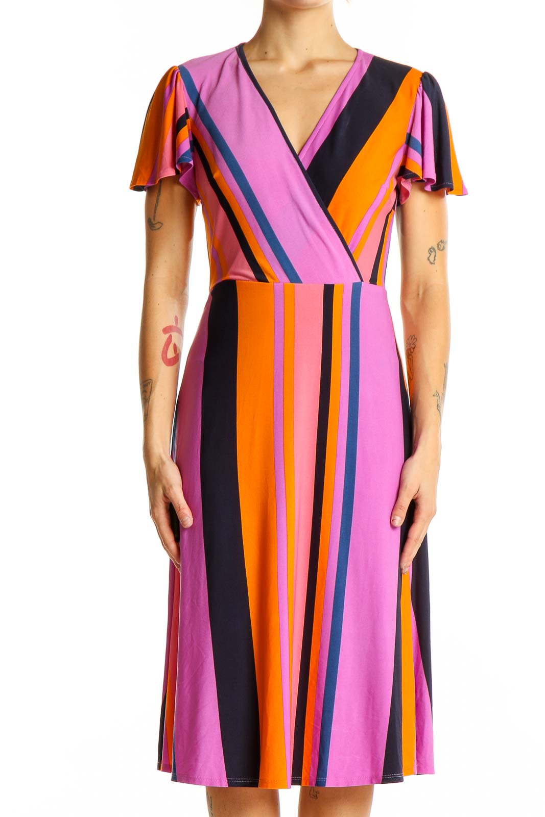 Front view of Donna Morgan Pink Striped Wrap Midi Dress with flutter sleeves