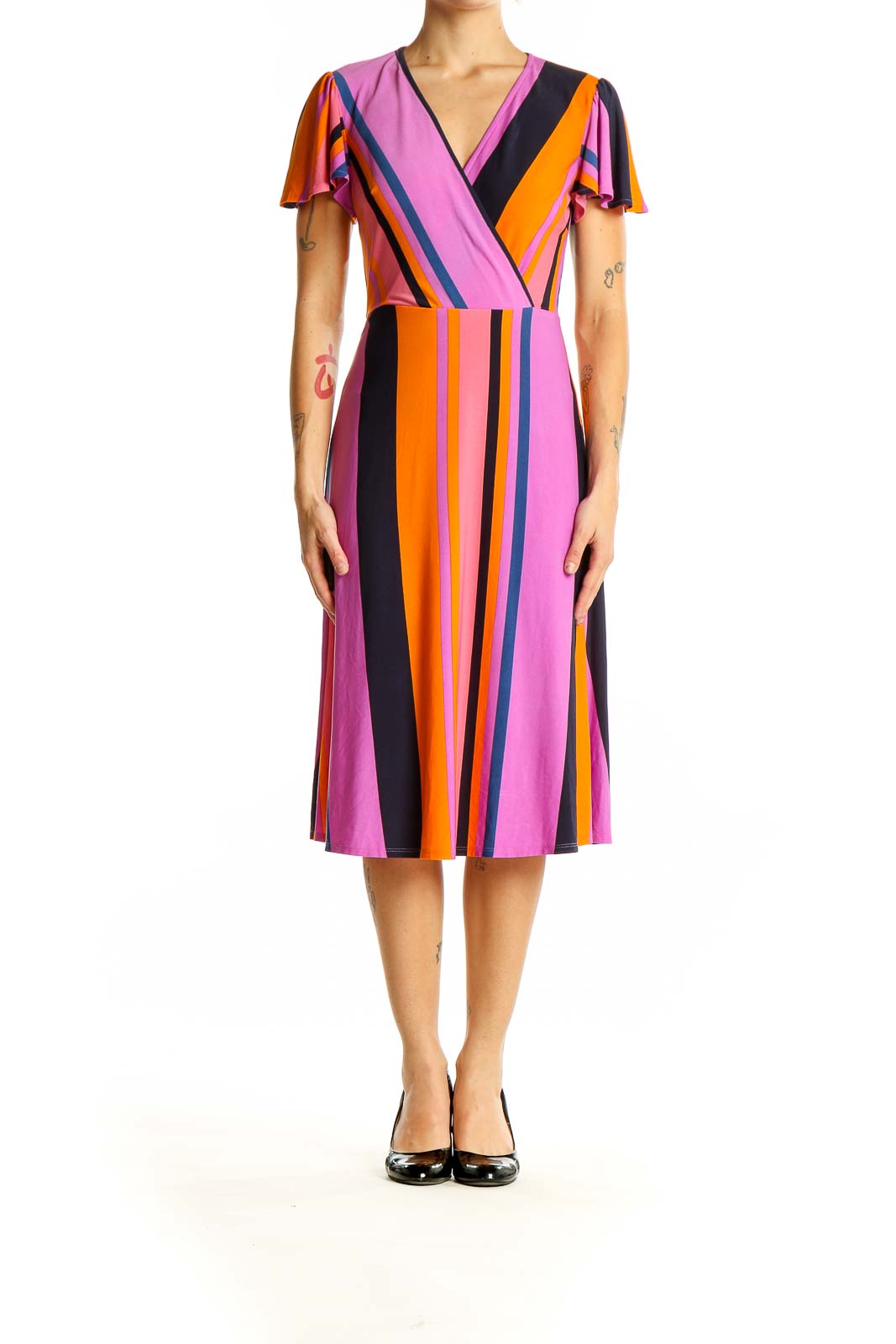 Front view of Donna Morgan Pink Striped Wrap Midi Dress with flutter sleeves