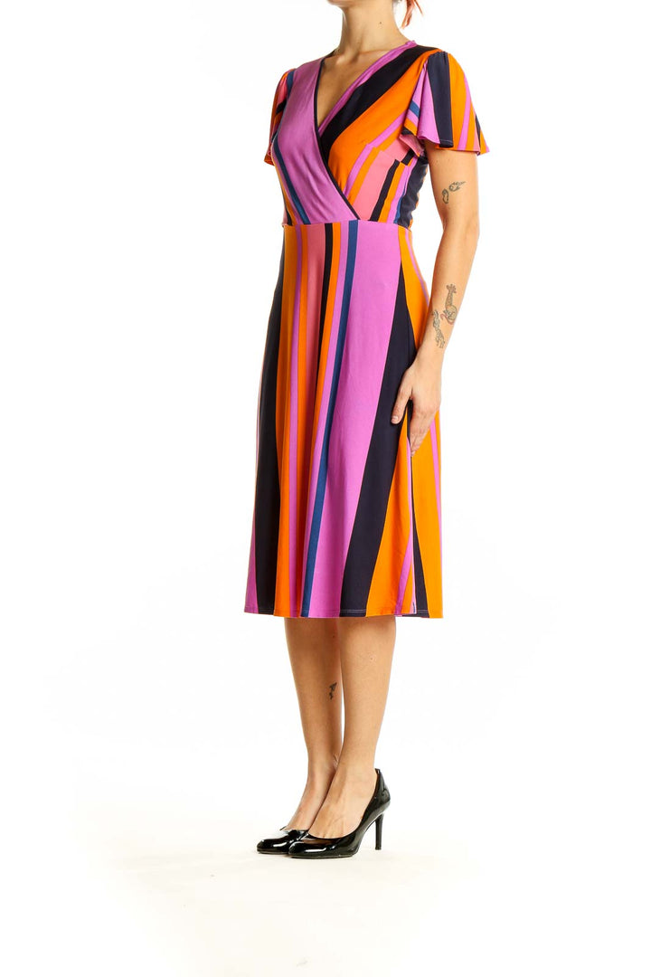 Front view of Donna Morgan Pink Striped Wrap Midi Dress with flutter sleeves